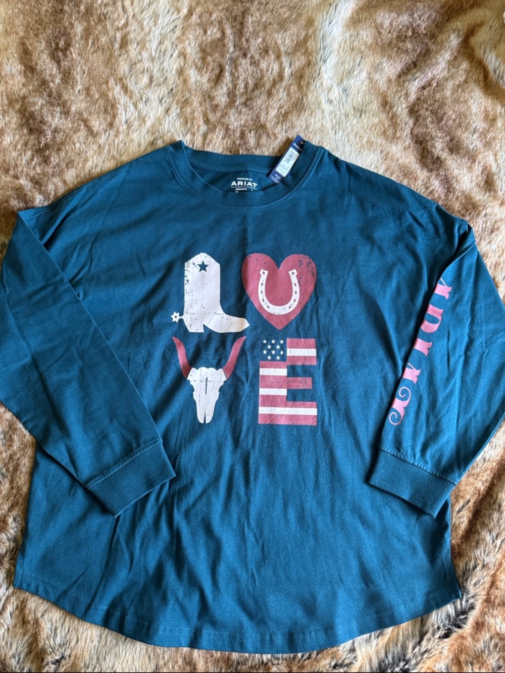 Ariat Teal Long Sleeve LOVE Graphic Tee with Pink Accents